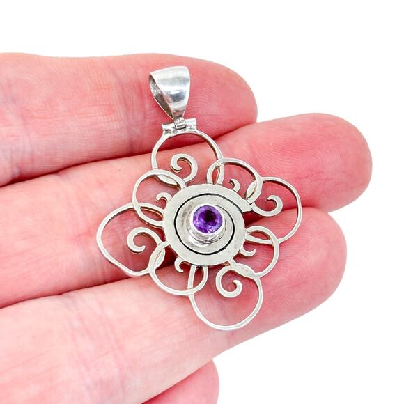 Vintage Sterling Silver 925 Amethyst Filigree Pendant - Picture 1 of 7